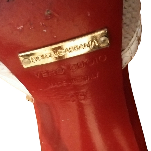 DOLCE & GABBANA Snakeskin Mesh Off-White and Red T-Strap Sandal Heels - Picture 7 of 7